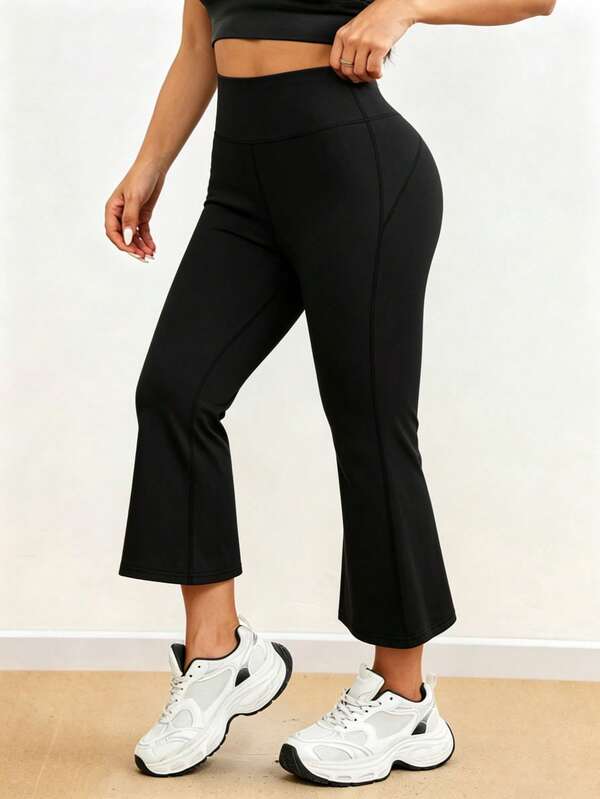 1pc Plus Size Women's 7/8 Yoga Flare Leggings, Contrast Stitching Design, Slim Fit Flattering, Solid Color Versatile Sports Pants For Fitness, Workout And Yoga