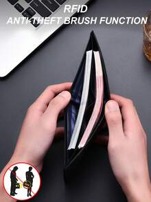 VINCESS Men's Genuine Leather Business Wallet, RFID Blocking, Made Of Top Grain Cowhide Leather, Fashionable Geometric Design. It Features Multiple Card Slots And Transparent ID Card Window, Perfect For Daily Use And Travel, An Ideal Gift For Men. - Black - View 3