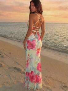 Elegant Women's Dress With Floral Print And Open Back, Summer Clothes, Beach Outfits For Women, Beach Vacation Clothes, Party Outfits, Bridesmaids - 珊瑚粉 - 查看 1