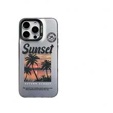 1pc Black Frame Large Window Metal Silver Sunset Coconut Tree Vintage English Film Full Coverage Shockproof Phone Case, Ins American Island Vacation Gentle Unisex Commute Niche Gift Protective Cover, Compatible With IPhone17/17Pro/17ProMax/16/11/16Plus/16ProMax/16e/15ProMax/13/14/12/14ProMax/12ProMax/13ProMax/12Pro/13Pro/14Pro - Black Frames, Matte Gray - View 4