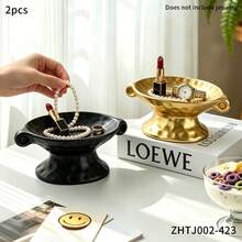 1/2pcs Luxury Dual-Handle High-Foot Storage Tray, Vanity Jewelry Ring Lipstick Organizer Dish, Entryway Desk Key & Miscellaneous Storage Plate, Bedroom Makeup Table Decorative Ornament - Housewarming Gift - Multicolor - View 12