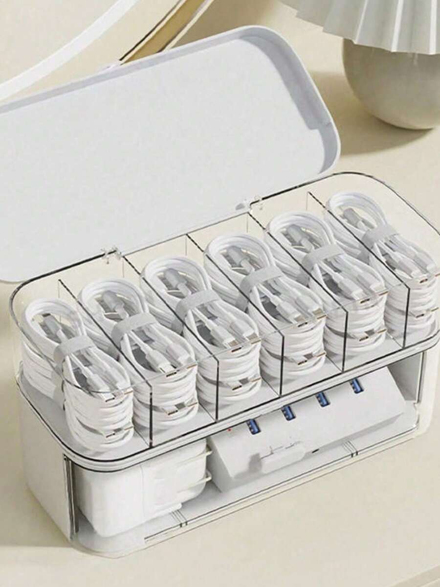 1 pieza Organizador de cables de escritorio, soporte de gestión de cables de carga de teléfono, enrollador de cables dividido, caja de almacenamiento de cables de alimentación - Blanco - Ver 1