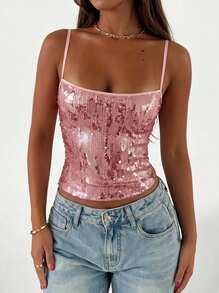 Blazique Women's Spring/Summer Pink Y2K Millennium Style Elegant Sexy Slim Fit Glitter Tank Top, Casual Daily Beach Vacation Party Wear - Pink - View 2