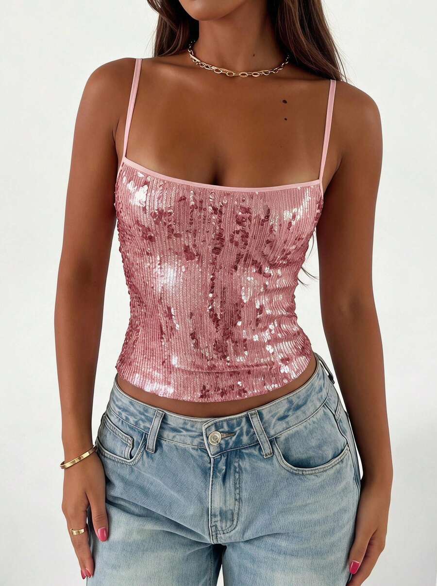 Blazique Women's Spring/Summer Pink Y2K Millennium Style Elegant Sexy Slim Fit Glitter Tank Top, Casual Daily Beach Vacation Party Wear