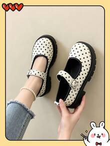 Black Mary Jane High Heels Women's 2024 Summer New Shoes Versatile College Style Thick Sole Shoes/Polka Dot Thick Sole Mary Jane Shoes Women's Height Increasing Leather Shoes Japanese JK Style Single Strap Round Toe Low Vamp Versatile Shoes - Black and White - View 8