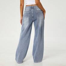 KATCH ME Ladies Mid Rise Wide Leg Denim Jeans, Zip Button Fly Classic Five Pocket Relaxed Fit Full Length Denim Trousers - Light Blue - View 3