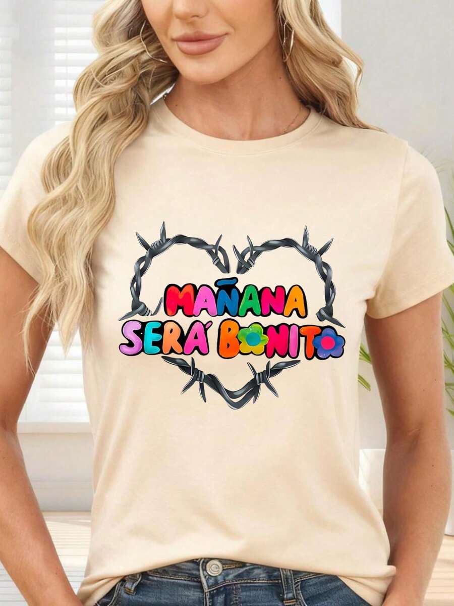 short sleevesCamiseta de  con Estampado Mañana Será Bonito en Forma de Corazón con Espinas y Flores Coloridas para Uso Diario y Ocasiones CasualesLeisure - Albaricoque - Ver 1