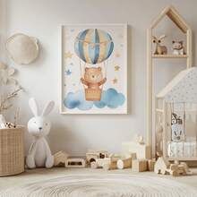 1 pièce, Décoration murale pour chambre de bébé sur canevas encadrée, Ours en peluche dans une montgolfière, Mignon petit ours brun montant dans une montgolfière rayée bleu et blanc, Thème d'aventure dans le ciel de style neutre pour décoration murale de chambre de bébé, Impression d'art prête à accrocher, Convient pour chambre de tout-petits, salle de jeux, Cadeau idéal pour baby shower, Cadeau pour passionné de voyage d'ours, Décoration d'accent pour chambre d'enfants, Décoration de maternelle, Cadeau pour enfants, Décoration de fête, Affiche imperméable - Multicolore - Voir 6