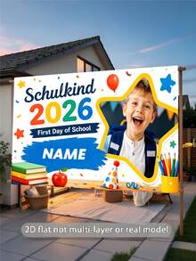 1pc Customizable Photo & Name German 2026 Student Back To School Party Banner Backdrop, Book, Apple, Colored Pencil, Party Hat, Confetti, Star Balloon Design, Suitable For Back To School Party, Holiday Event, Theme Party Background Decoration Photography Banner Vinyl - Type a - View 4