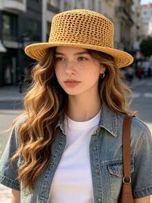 1 pieza Gorro de punto para mujer, fibra de poliéster casual, nuevo unicolor, ligero, delgado, cómodo, a prueba de viento, con diseño calado, elegante, cobertura de la línea del cabello, versátil, transpirable, protección solar, absorción de sudor, adecuado para uso diario al aire libre en verano - MZ3575 - Ver 8