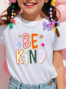 Women's Summer Clothing Cotton T Shirt Men Tops SummerYoung Girl's "BE KIND" Colorful Stars And Flowers Hand-Drawn Style Typography With Hearts Positive Message Kindness Theme Design Bright - 白色 - 查看 1
