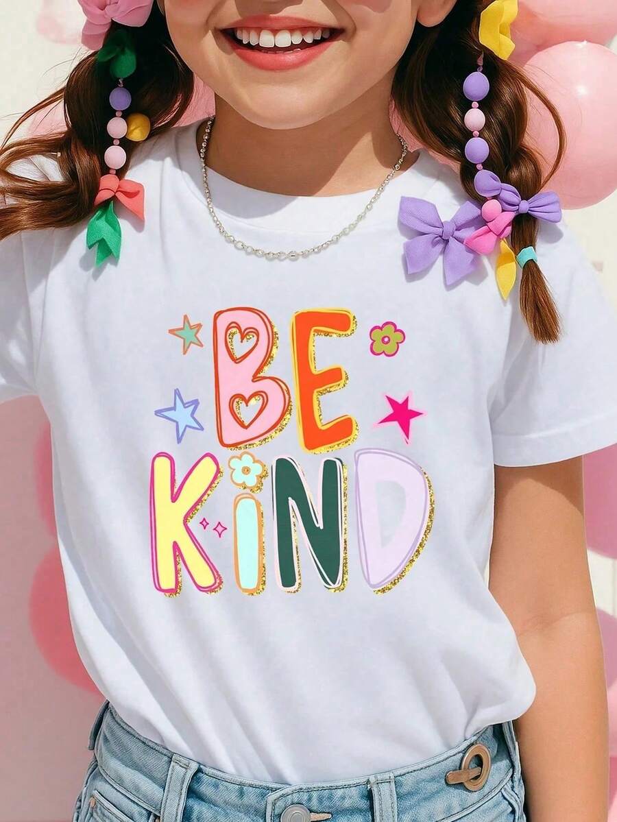 Women's Summer Clothing Cotton T Shirt Men Tops SummerYoung Girl's "BE KIND" Colorful Stars And Flowers Hand-Drawn Style Typography With Hearts Positive Message Kindness Theme Design Bright - 白色 - 查看 1