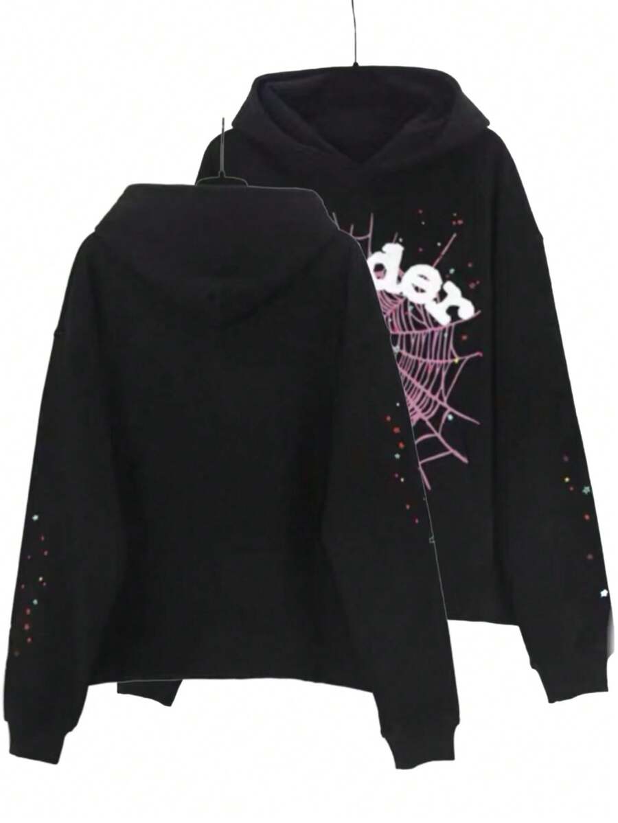 Men's Hip Hop Spider Web Pattern Graphic Alphabet Print Harajuku Vintage Hoodie Long Sleeve Street Wear Top For Both Men And Women Oversized Hoodies - 黑色衛衣 - 查看 1