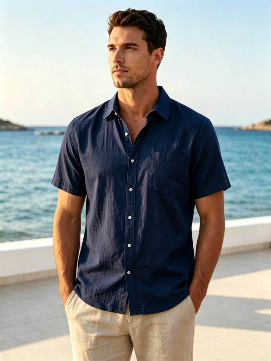 Hawaiian Style Linen Loose Casual Men's Henley Collar Turn-Down Collar Casual Pocket Solid Color Short Sleeve Shirt Cardigan - Navy Blue - View 1