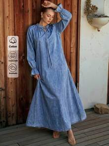 100% Cotton Women's Tie Neck Denim Maxi Dress, Ruffle Cuff Long Sleeve Loose A-Line Style - Blue - View 3