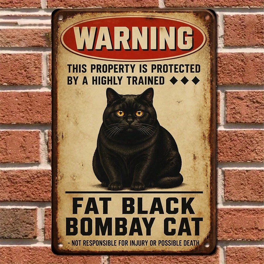 1pc Warning Metal Sign, Vintage Fat Cat Tin Plate Retro Poster, Unique Wall Art Decor For Home, Cafe, Kitchen, Club, 7.8x11.8 Inches - 1PC - View 1