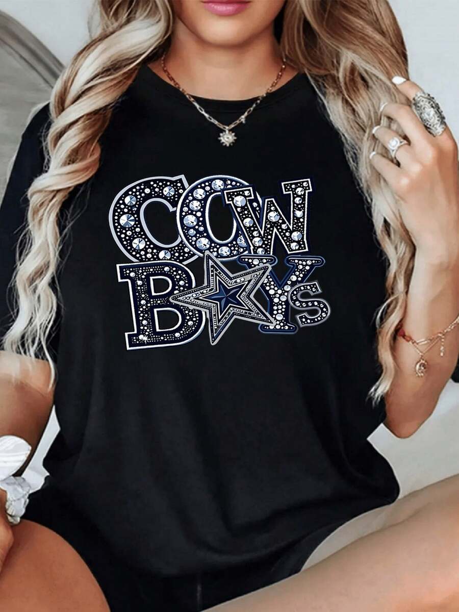 1 Piece Of Women's Short-Sleeved Crew Neck T-Shirt, 180g, With Digital Graphic Print Of Denim And Rhinestones, American Football Team Spirit, 100% Cotton, T-Shirt C - 黑色 - 查看 1