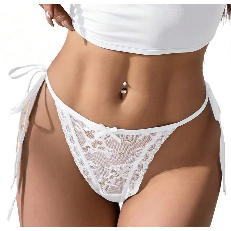 Aivtalk Women's Panties With Side Ties, Lace Thong With Bow, Adjustable Underwear, Sheer Low-Rise Thong, Size S - 白色 - 查看 1