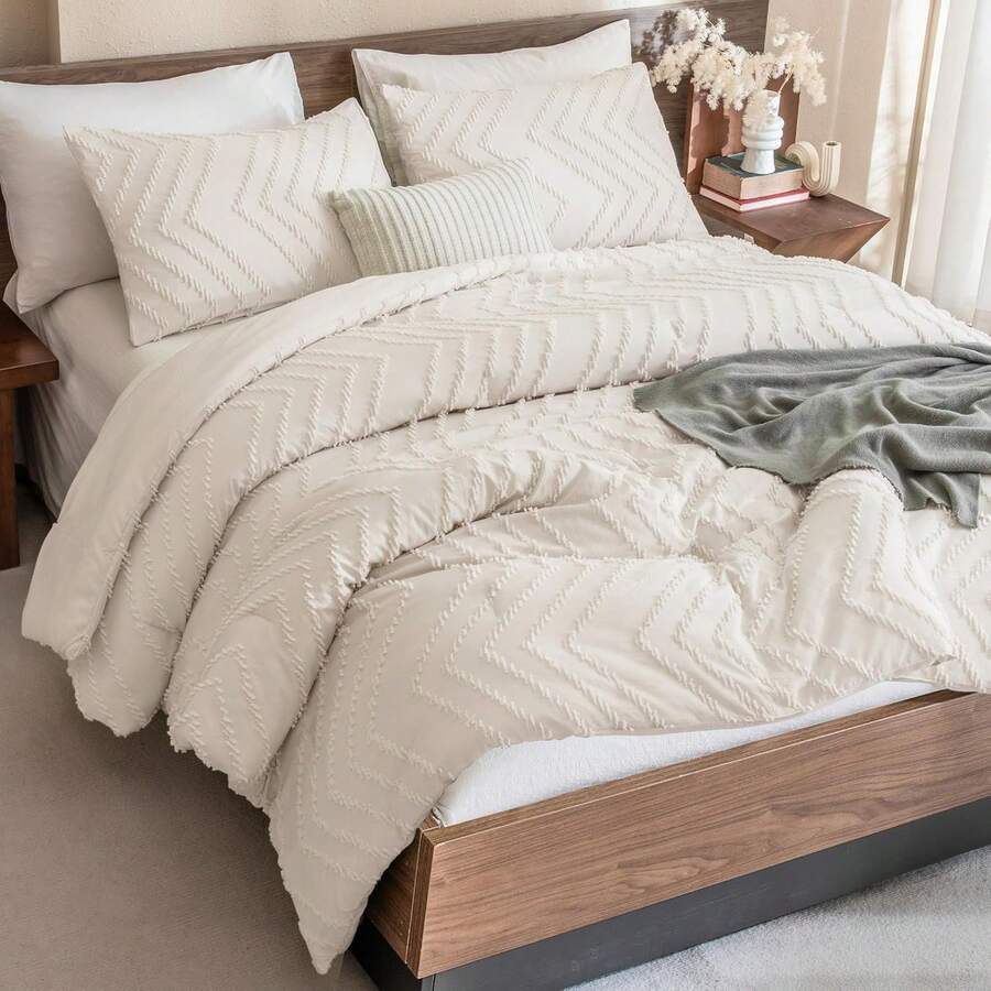 Andency - Queen Size Comforter Set For Queen Bed, Bohemian, Soft, Warm, Tufted And Design, Neutral Tone, Aesthetic, Rustic, Beautiful, Textured, 3 Pieces, Beige/Cream - 01-Krem - View 1