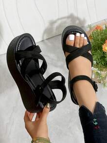 Women's Fashion Wedge Platform Sandals, Spring/Summer New Black High Heel Sandals, Lightweight And Comfortable - Suitable For Shopping, Vacation, Travel, Casual Daily Wear, Women's Buckle Strap Sandals - Black - View 2