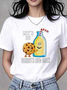 Women's T-Shirt With Rainbow, Leopard, Cookie, Milk Bottle And Straw Print, Soft Round Neck, Short Sleeve, Fitted, In Elegant Casual Style, Casual For Women, In - 白色 - 查看 1