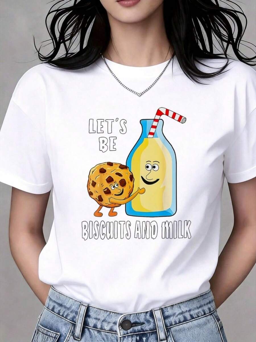 Women's T-Shirt With Rainbow, Leopard, Cookie, Milk Bottle And Straw Print, Soft Round Neck, Short Sleeve, Fitted, In Elegant Casual Style, Casual For Women, In - 白色 - 查看 1