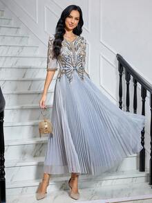 JINLICX Luxury Dusty Blue Gold Rhinestone Beaded V‑Neck Pleated Banquet Evening Gown - Silver - View 5