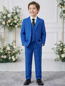 3-10岁男童四件套西装，幼儿燕尾服正式套装，包括外套、马甲、裤子、领带，浅灰色 - 寶藍色 - 查看 2