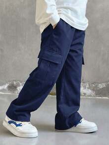 1pc Young BoyAll-Match Solid Color Comfortable Simple Versatile Cargo Pants - Navy Blue - View 4