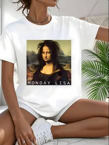 Camiseta suave 100% algodón para mujer, diseño casual; estampado de la Mona Lisa; suave y transpirable; cuello redondo holgado, manga corta; corte ligeramente fuera del hombro; cómoda y fres - Blanco - Ver 3