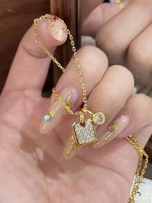 Shescity 1pc Copper Inlaid Zirconia Exquisite Luxury Sparkling Square Perfume Bottle Necklace - Gold - View 4