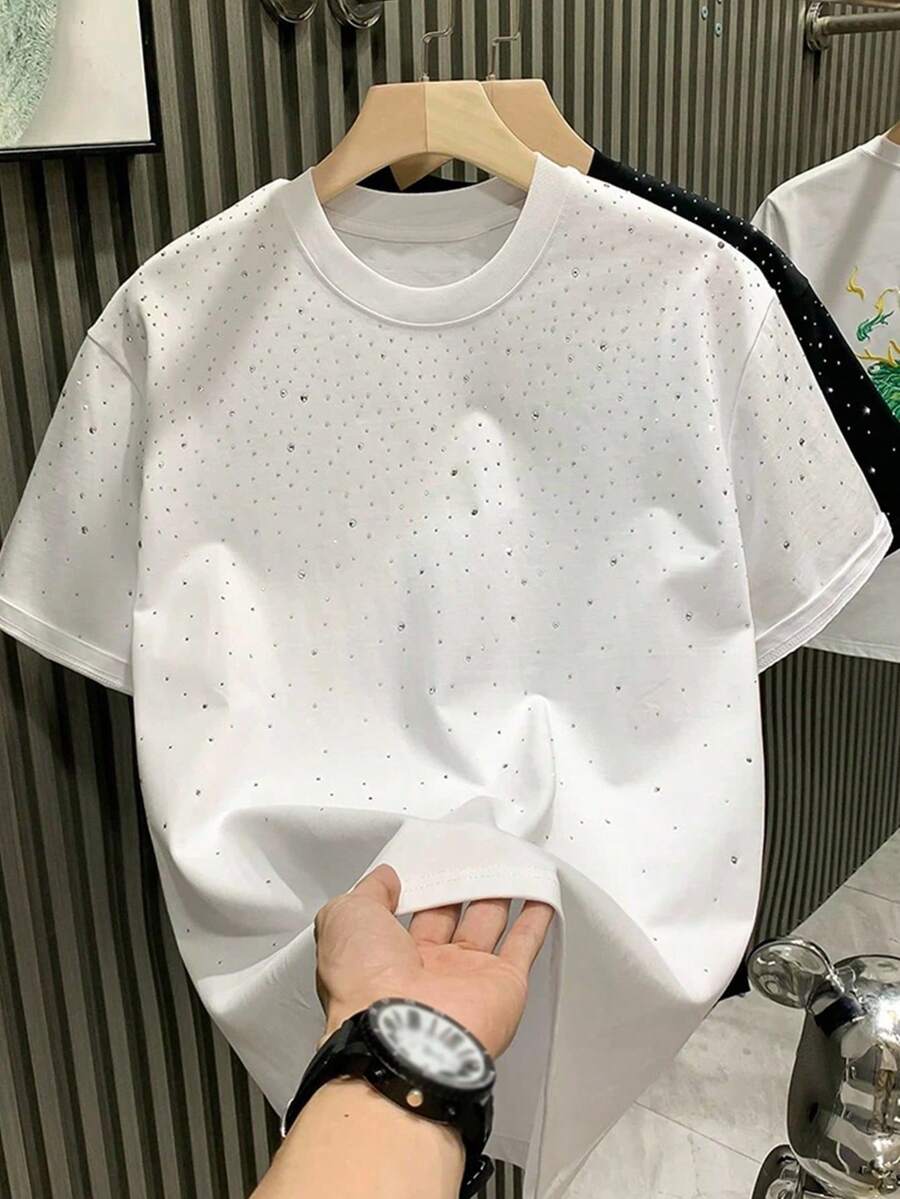 Camiseta informal de manga corta y cuello redondo de unicolor para hombres, con proceso de perforación caliente, nueva colección primavera/verano 2025, rave - Verde militar - Ver 1