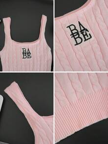 2026 Spring/Summer Women's Black Ribbed Tank Top - Casual Sweet "BABE" Embroidered Wide Strap Slim Fit Sleeveless Top Pink - Pink - View 6