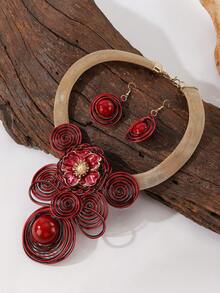 1 Set Gorgeous Vintage Necklace & Earrings Handmade Mature Elegant Personalized Fashion Evening Dress Party - Red - View 2