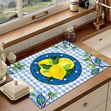 1pc, Home Decor, Lemon Plaid Pattern Printed Dish Drying Mat, Coffee Machine Absorbent Mat, Sink Drain Mat, Cup Absorbent Mat, Kitchen Supplies, Bathroom Supplies, Kitchen Countertop Decor - Multicolor - View 6