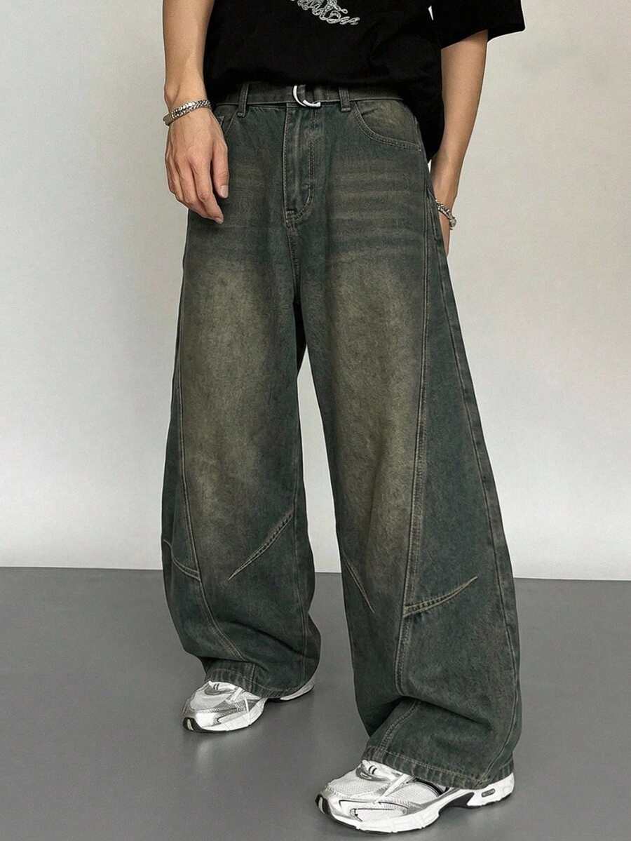 DAZY 1pc Men's Distressed Vintage Wash Loose Fit Patchwork Design Straight Leg Jeans (Belt And Accessories Not Included) - Bronze - View 1