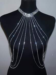 1pc Sexy Nightclub Women's Bra Chain, Bohemian Style Glamorous Crystal Ball Gown Chest Accessory - Silver - View 3