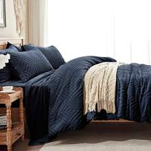 Zzlpp - 7 Piece Complete Duvet Set, Cream Tufted Bed In A Bag With Duvet And Sheets, All Season Boho Bedding Set With 1 Duvet, 2 Decorative Pillowcases, 2 - 海軍藍 - 查看 4