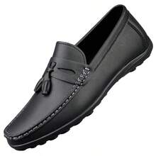 Men's Luxury Lightweight PU Faux Leather Loafers, Casual Woven Style Slip-On Flat Shoes With Convenient Elastic Band, Suitable For Spring/Autumn Daily Wear, Weddings, Banquets, Office, Business And Other Formal Occasions - Black - View 15