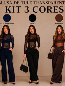KIT 3 Women's Elegant And Modern Long Sleeve Tulle Blouses Brown/Black/Navy Blue Faux Collar - 三件套 - 棕色/黑色/藍色 - 查看 1
