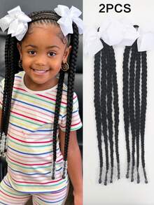 2pcs/Set Kids Braided Hair Clips With Colorful Bows And Transparent Beads Decoration, Suitable For Children - Black - View 2
