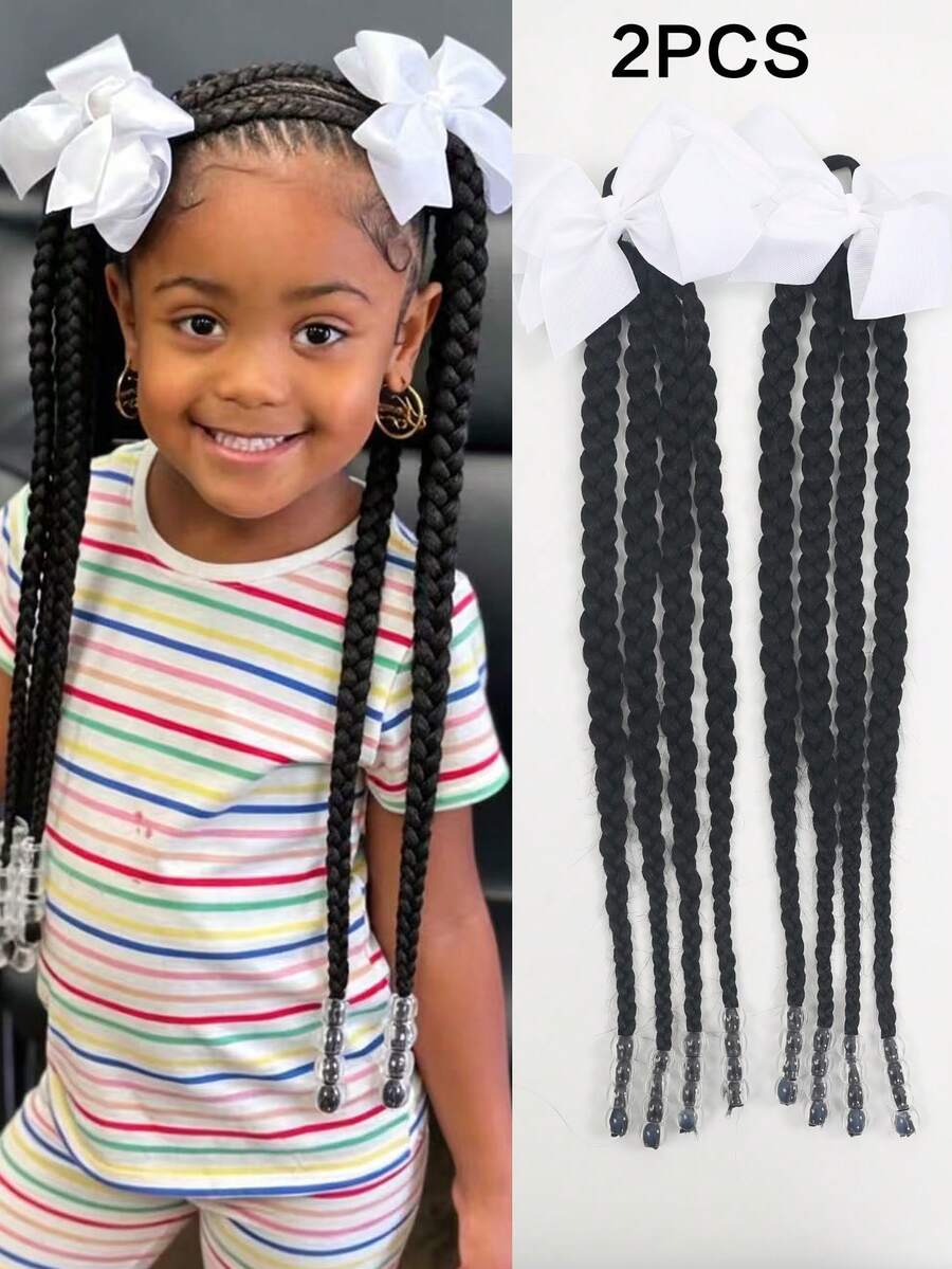 2pcs/Set Kids Braided Hair Clips With Colorful Bows And Transparent Beads Decoration, Suitable For Children