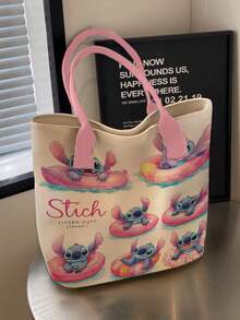 開學季 Disney Stitch 全滿版印花帆布托特包，大容量可愛星星圖案粉色蝴蝶結肩背包，女款女孩日常通勤購物休閒手提包 - 彩色 - 查看 5