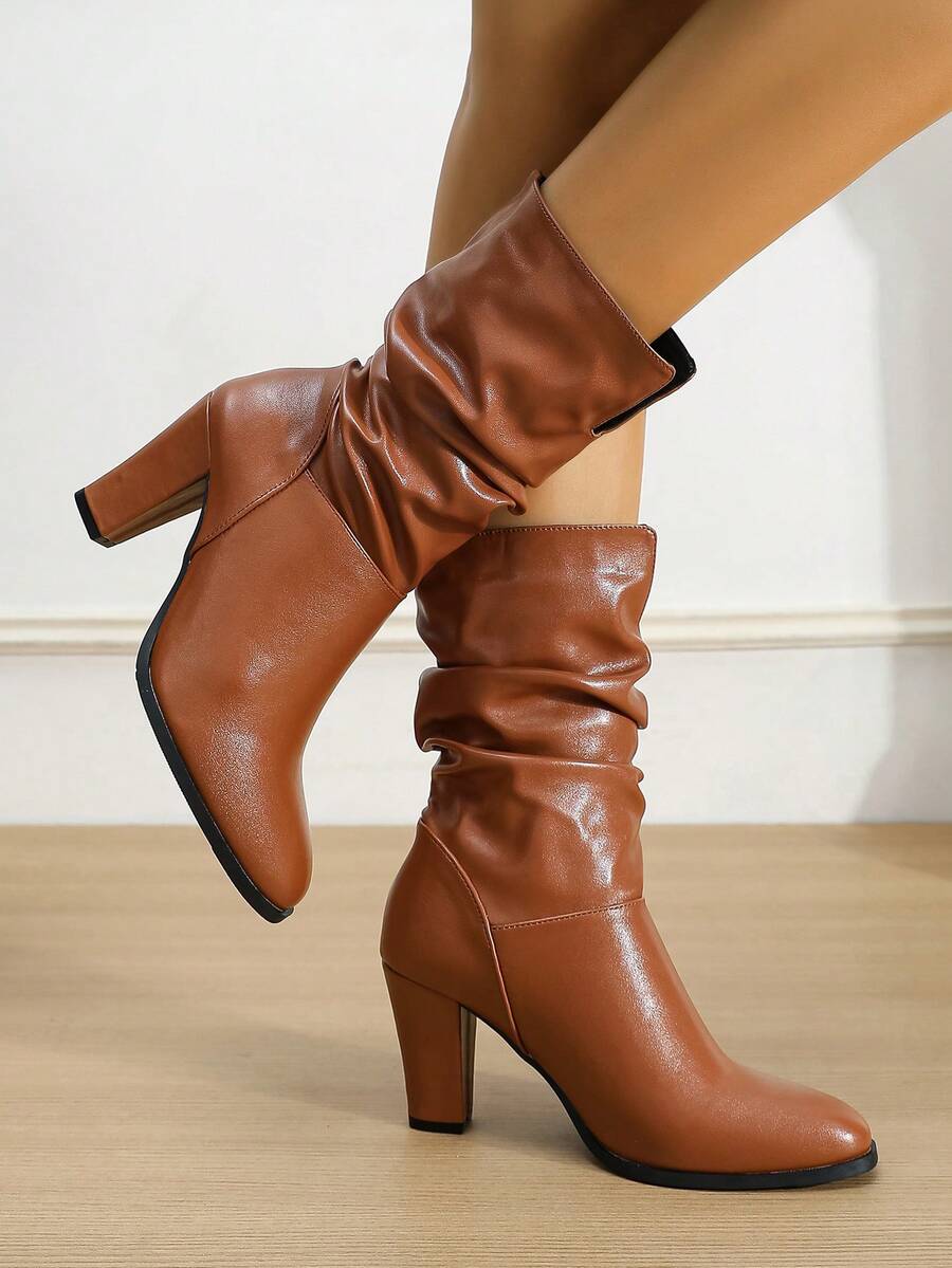 1 Pair Solid Color Retro Street Preppy Casual Punk Microfiber Leather Ankle Boots, Suitable For Office, Party, Wedding, Vacation, All Seasons - Brown - View 1