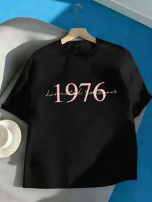 Vintage 1976 Graphic T-Shirt For Women, Spring, High-Quality Fabric, Comfortable Fit, Breathable, Street Hip-Hop, Art Print - Black - View 2