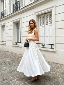 Floreya Vestido de Tela Tejida con Cremallera de unicolor Casual Elegante para Cita Nocturna Vacaciones Boda Primavera Verano - Caqui - Ver 6