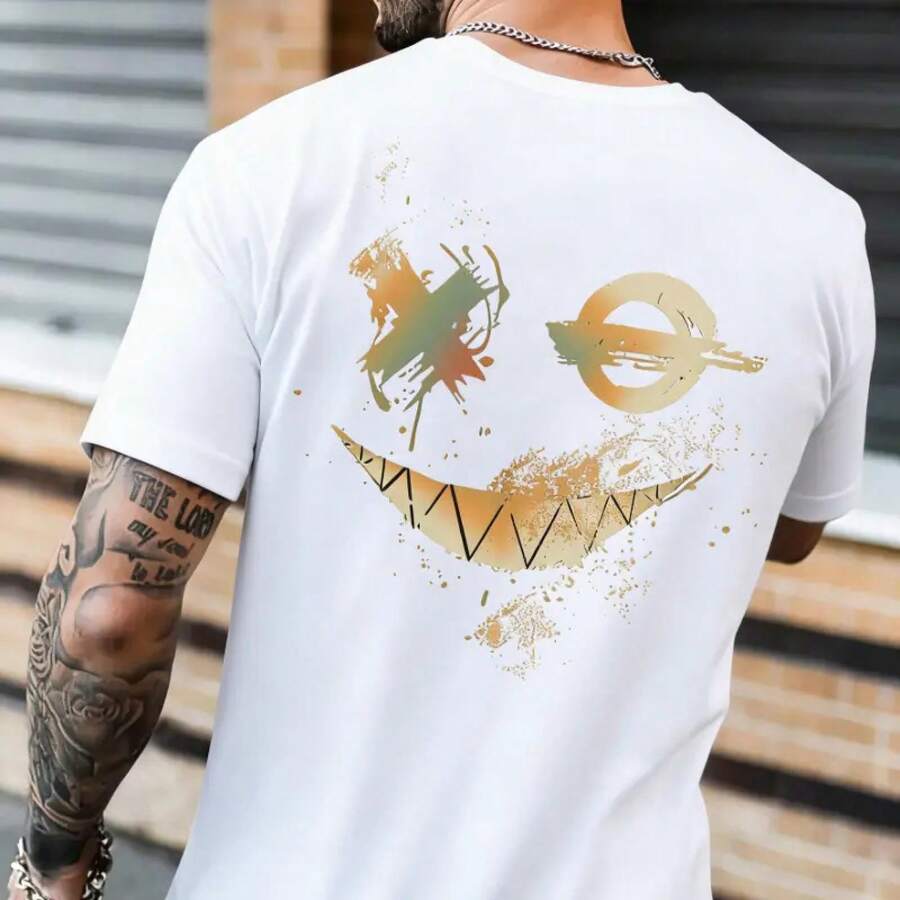 Men's Crew Neck Printed T-Shirt, Regular Fit, Summer Clothes, Casual Short Sleeve Summer T-Shirt, Everyday Wear T-Shirt, Casual Streetwear - 白色 - 查看 1