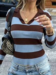 Women's Striped Long Sleeve Pullover Sweater, Casual Ribbed Knit Top. Women's Striped Knit Sweater, Ideal Choice For In Autumn/Winter Fall - Brown - View 3