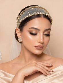 1pc Gold Women's Headpiece, Rhinestone Mesh Wide Headband, Bridal Headpiece, Wedding, Travel, Photography, Performance, Gathering Hair Accessory, Dress-Up Hair Ornament, Women's Accessory - Gold - View 4