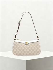 Classic Solid Color PU Waterproof Shoulder Bag, Metal Buckle Decor, Underarm Baguette Style, All-Over Allover Print Design, Suitable For Shopping, Commuting, Party And Other Occasions - Beige - View 2